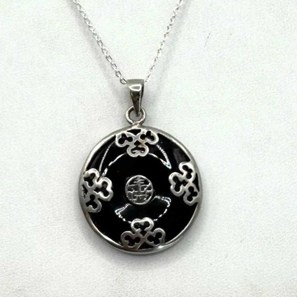 925 Italy Sterling Silver Onyx Donut Circle Necklace Chinese Characters 20”